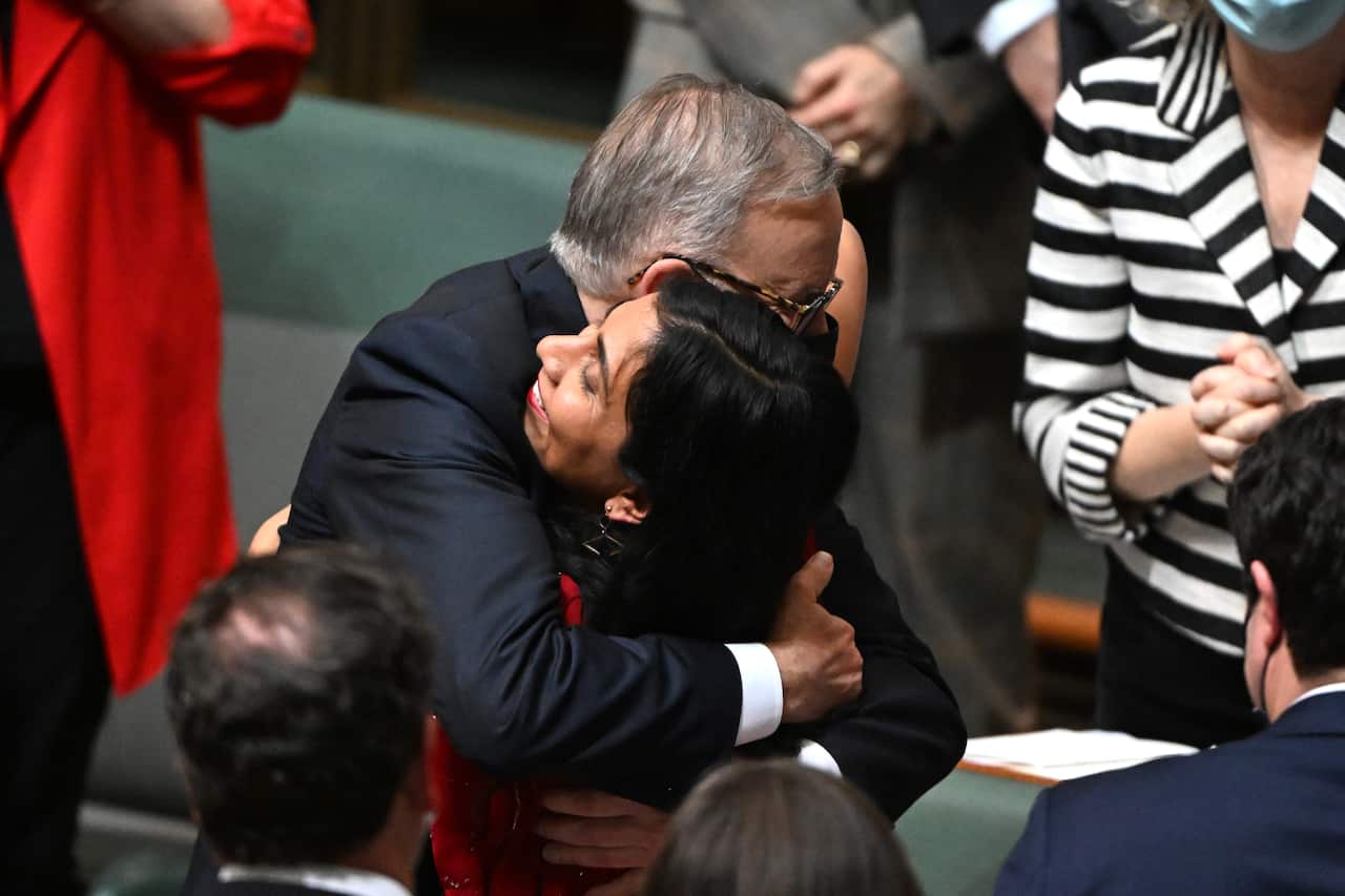Prime Minister Anthony Albanese hugs Labor member for Swan Zaneta Mascarenhas after making her first speech in the House of Representatives at Parliament House in Canberra, Tuesday, July 26, 2022. (AAP Image/Mick Tsikas) NO ARCHIVING