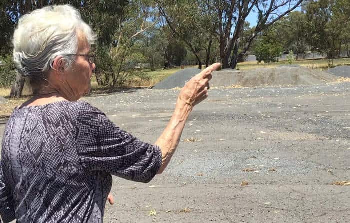 Poonah Singh was cremated on an open ground in Euroa. Zelma Collier points to the location where his pyre was lit in January, 1940.