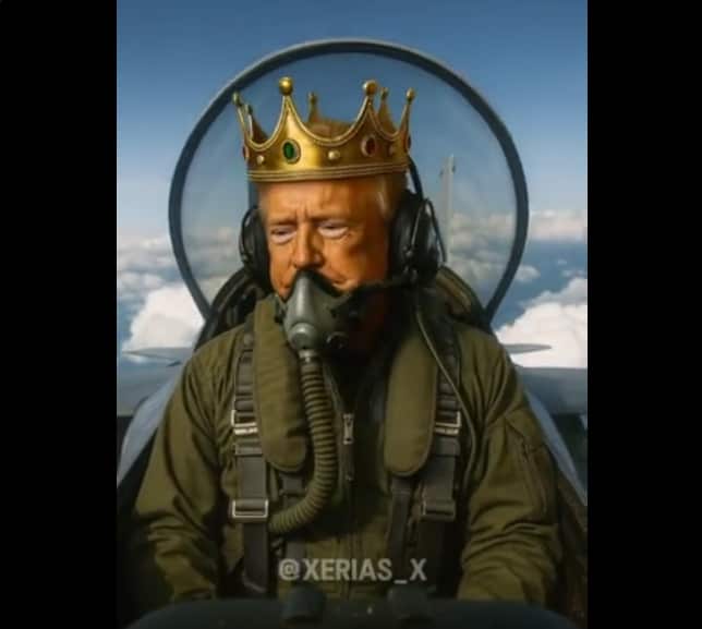 A manipulated image shows Donald Trump wearing a gold crown with jewels while sitting in the cockpit of a fighter jet, wearing a flight helmet and oxygen mask.