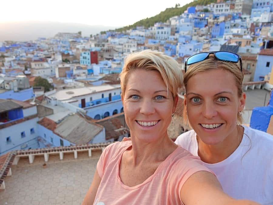 Two women take a selfie in Chefchaouen, Morocco