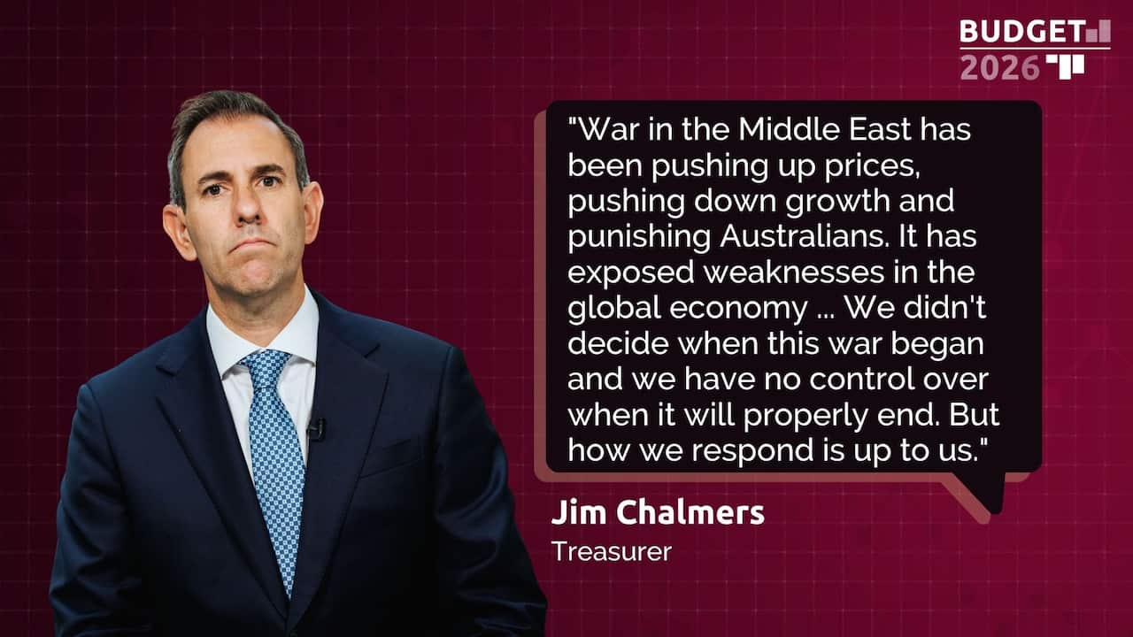 A stylised image of Jim Chalmers against a maroon background with his comment on the Middle East war on the side.