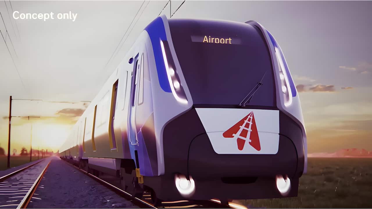 A graphic image of a train staning on railway tracks.