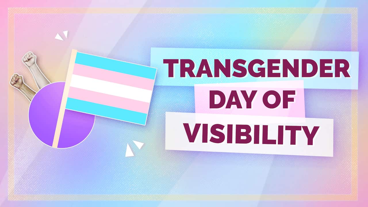 Graphics with the trans flag colours celebrating trans day of visibility