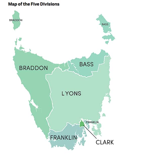 Tasmania election: map of five divisions.png