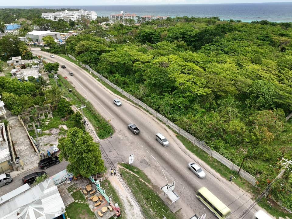 Aerial view of a fence running alongside a road cutting off lush green space and the sea beyond from the town on the left.