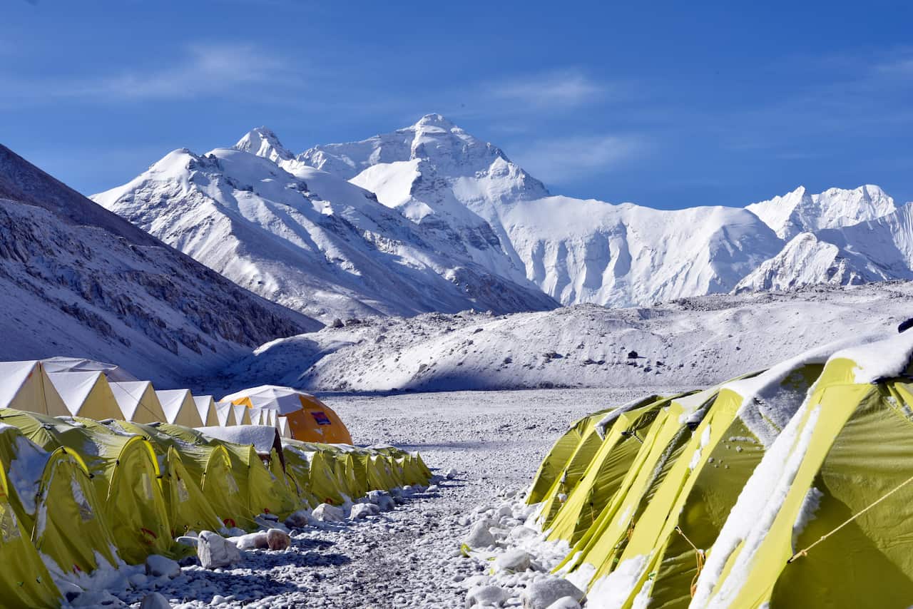 Tents lined up at Mount Everest base camp