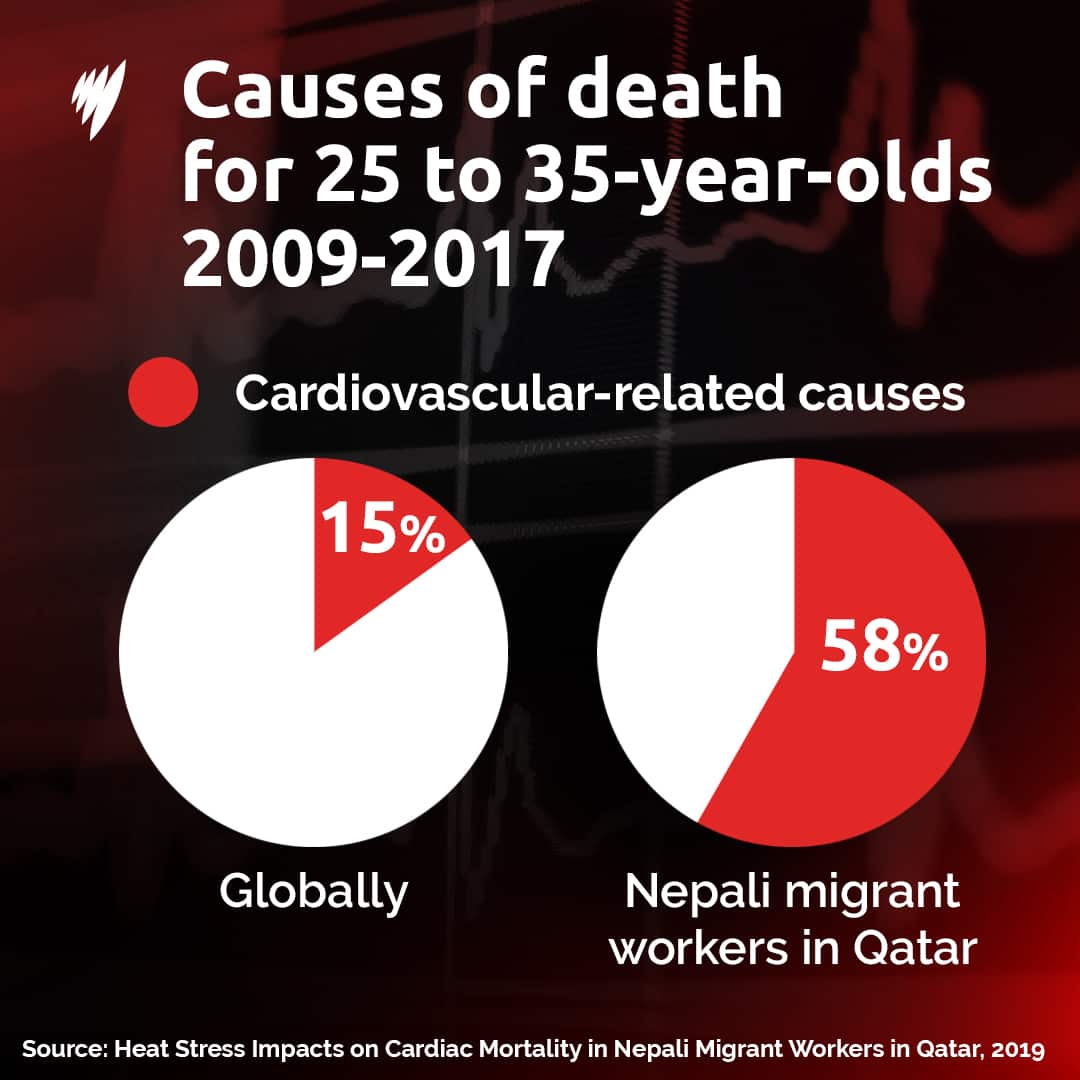 Two pie charts showing deaths globally and for Nepali migrant workers in Qatar