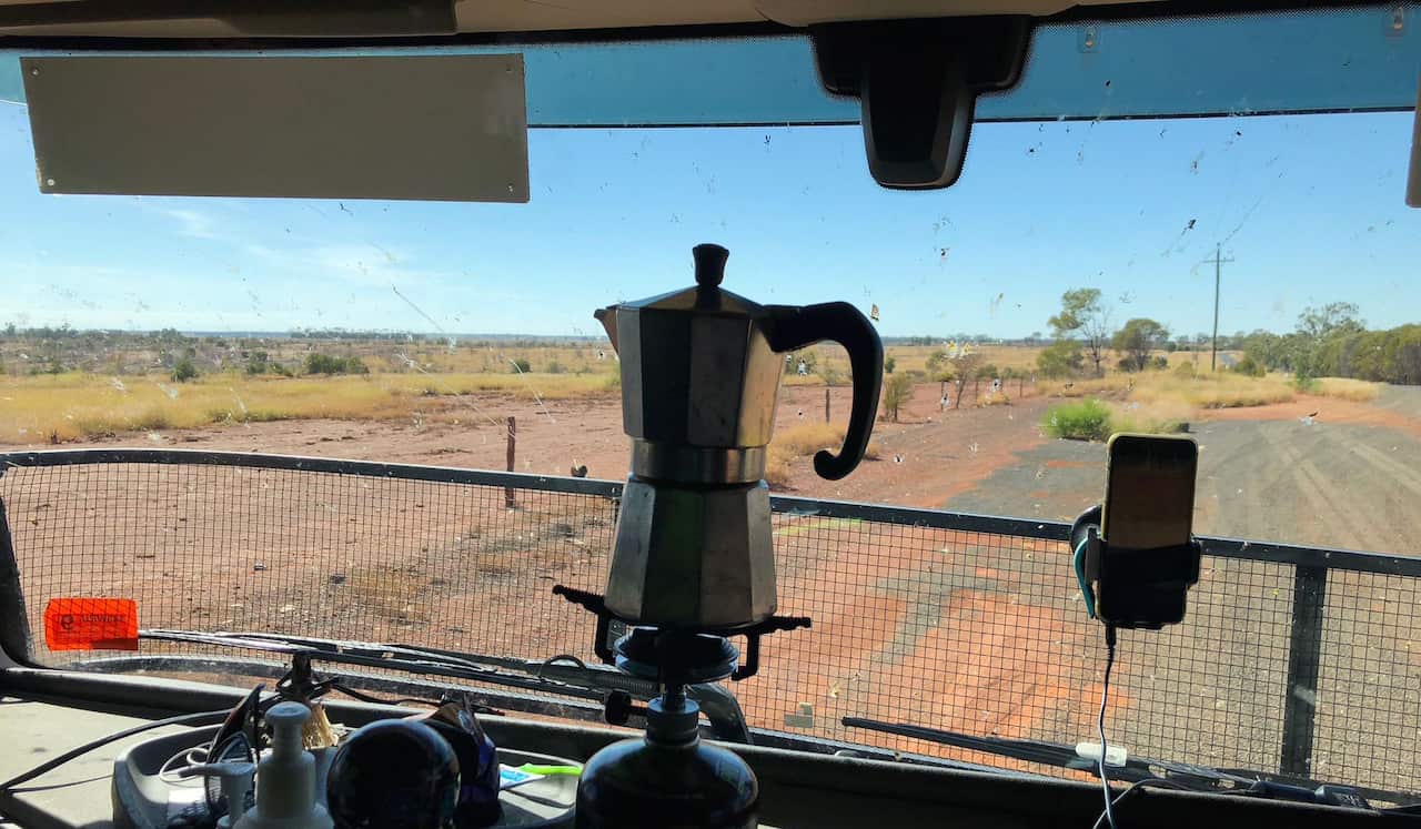 Italian moka coffee maker in Andrea's truck