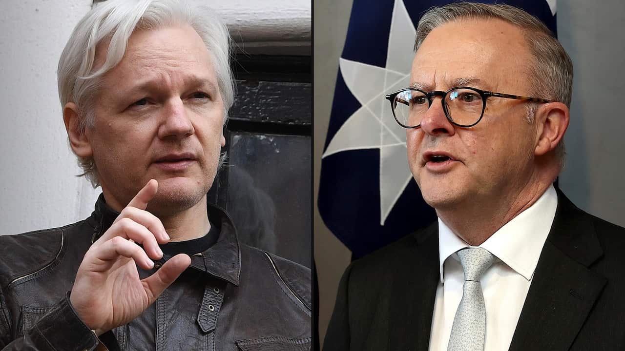 A composite photo shows Julian Assange on the left-hand side and Anthony Albanese on the right-hand side.