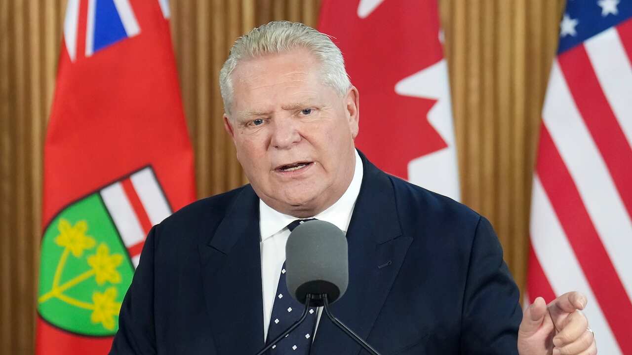 A man wearing a suit speaking into a large microphone, in front of several countries' flags.