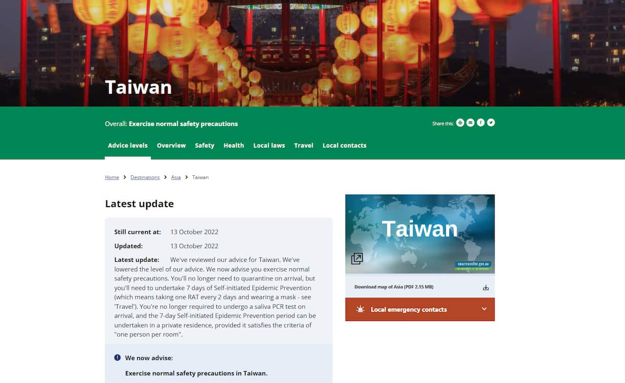 Australia lowered travel advice for travellers going to Taiwan