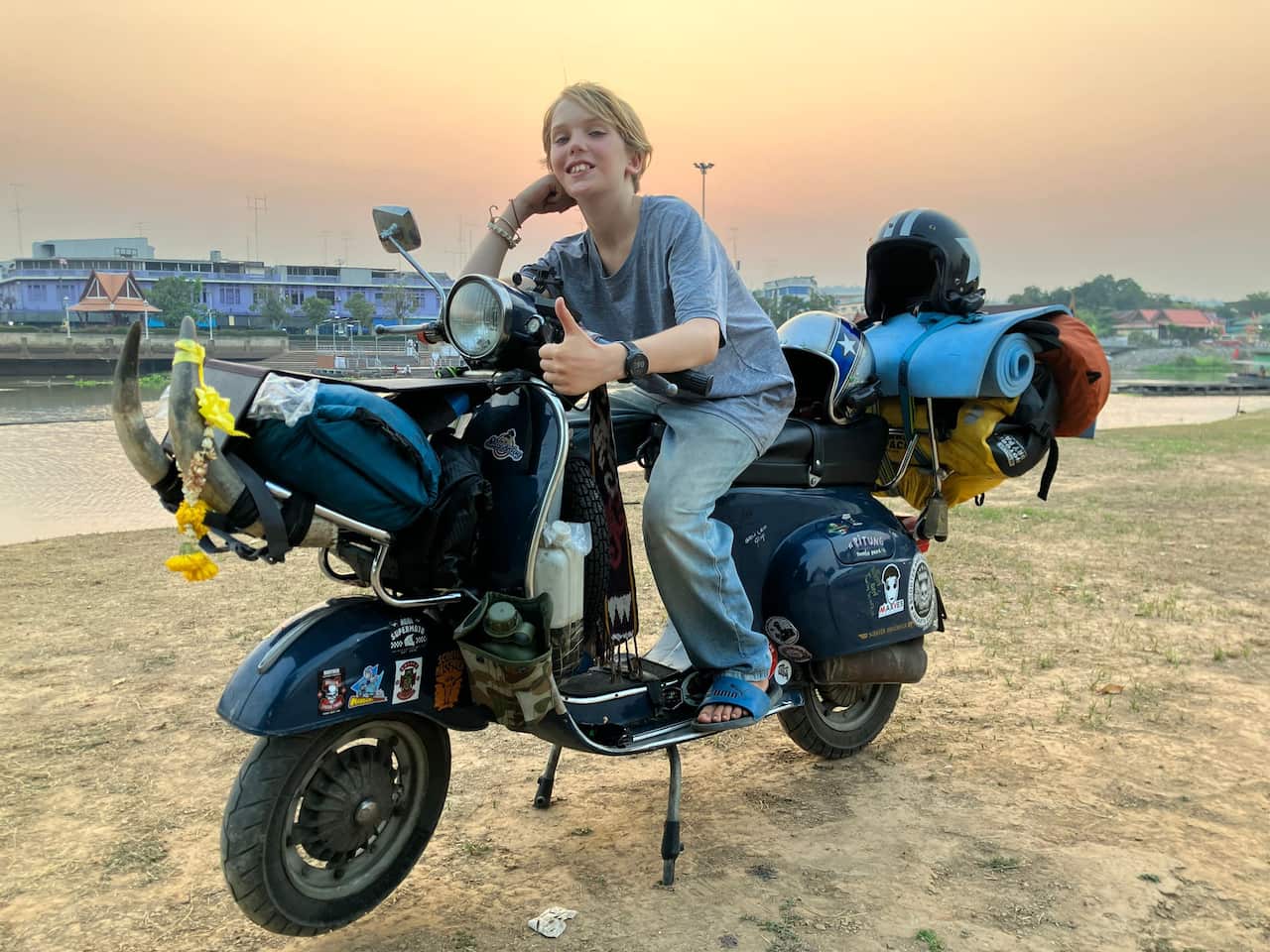 Leonardo aboard the Vespa that is taking him from Sydney to Trieste.