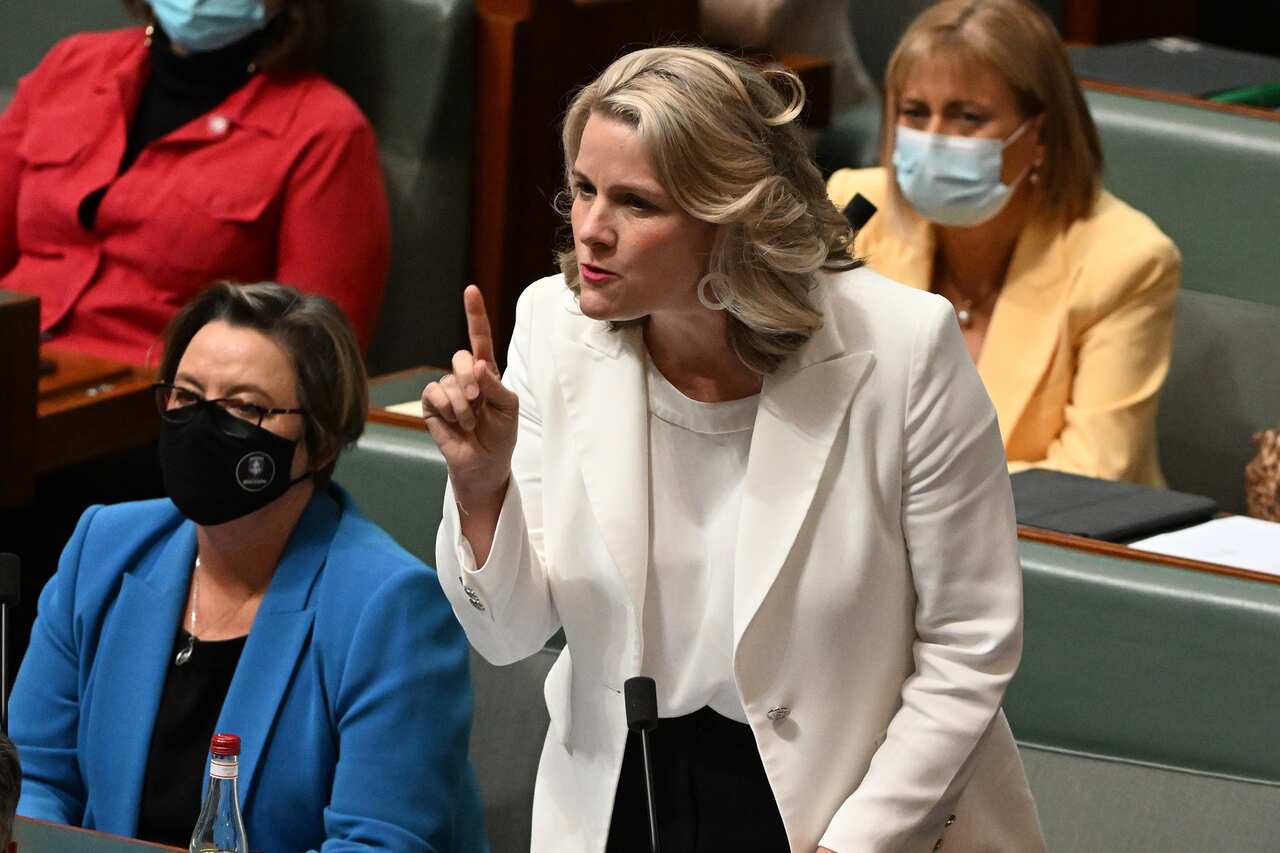 A woman wearing a white jacket and white top standing and speaking in parliament
