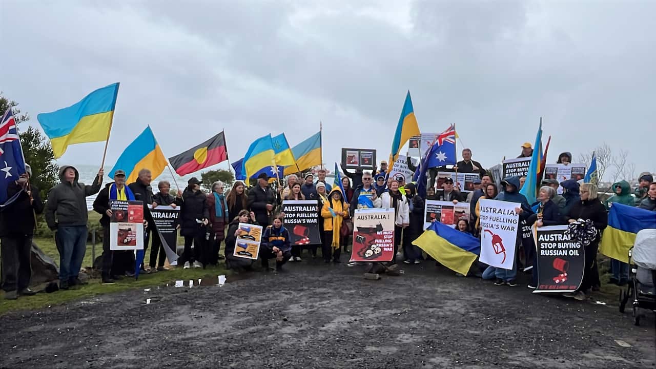 A group of people holding signs standing on concrete against a grey sky. Many hold Ukrainian flags. 
