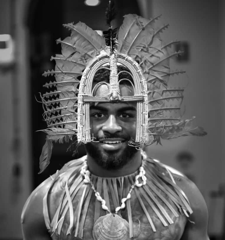 Ezra Mam wearing a Dhari during last years Indigenous round