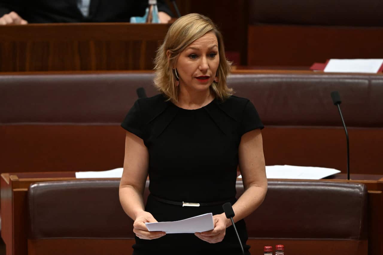 A blonde woman in a black dress speaks in the Senate