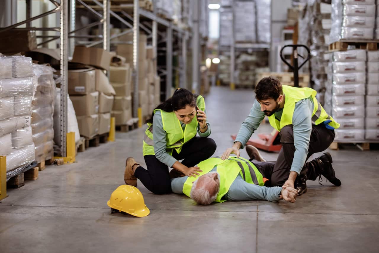 Worker Call an Ambulance While Senior Warehouse Manager Lying Down on Warehouse