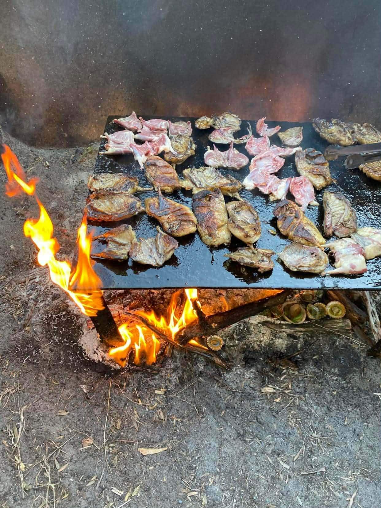 A barbecue plate with cuts of mutton bird cooking.