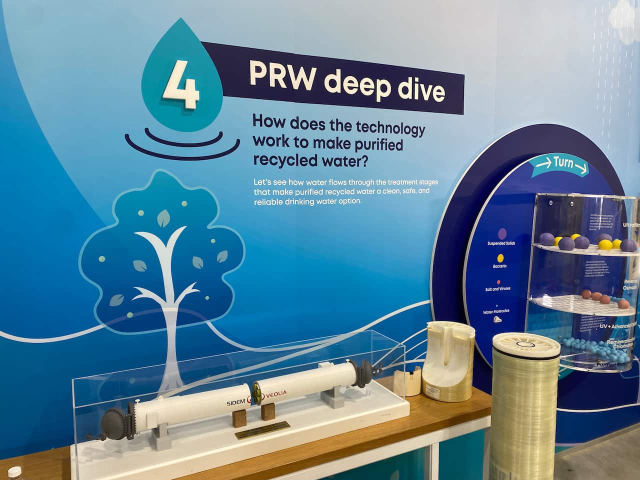 An information display, including a model of wastewater treatment pipes.