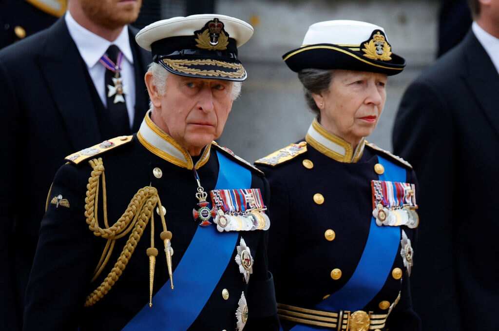 King Charles III and Princess Anne, Princess Royal arrive ahead of the state funeral of Queen Elizabeth II on September 19, 2022 in London, England.