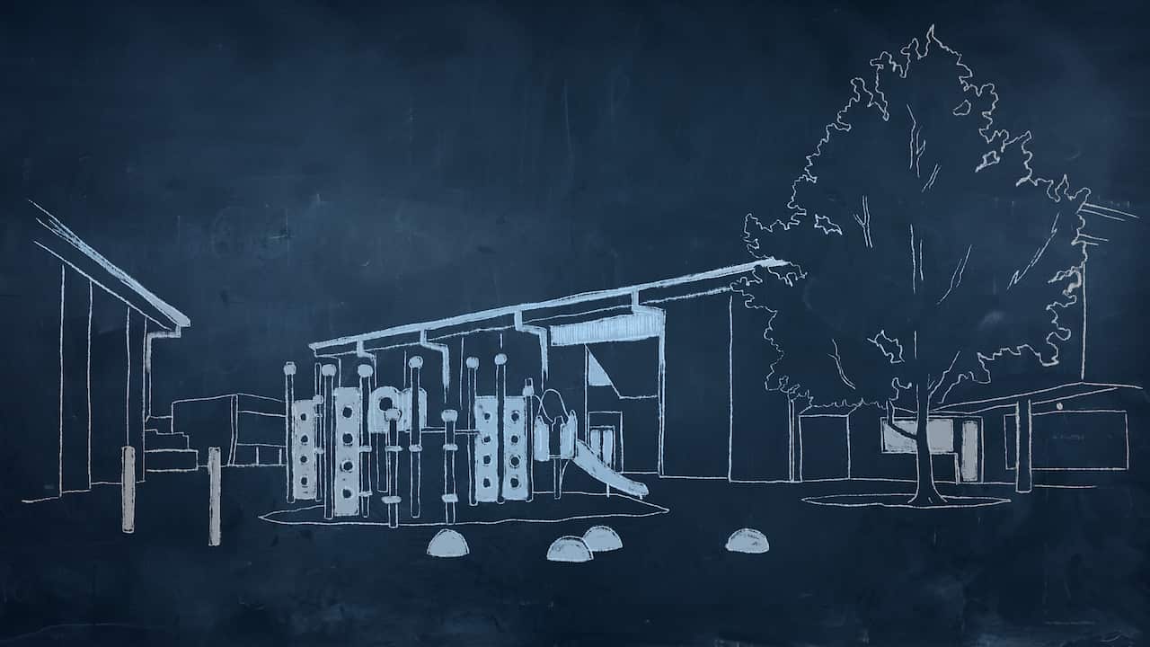 A stylised cartoon in two shades of blue shows a playground area of a school between two buildings. 