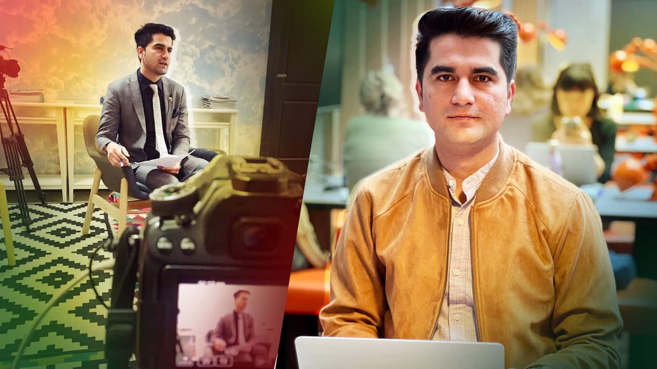 Composite image of Khalid Amiri sitting and conducting an interview in Afghanistan (left) and sitting behind a laptop in Australia (right). 