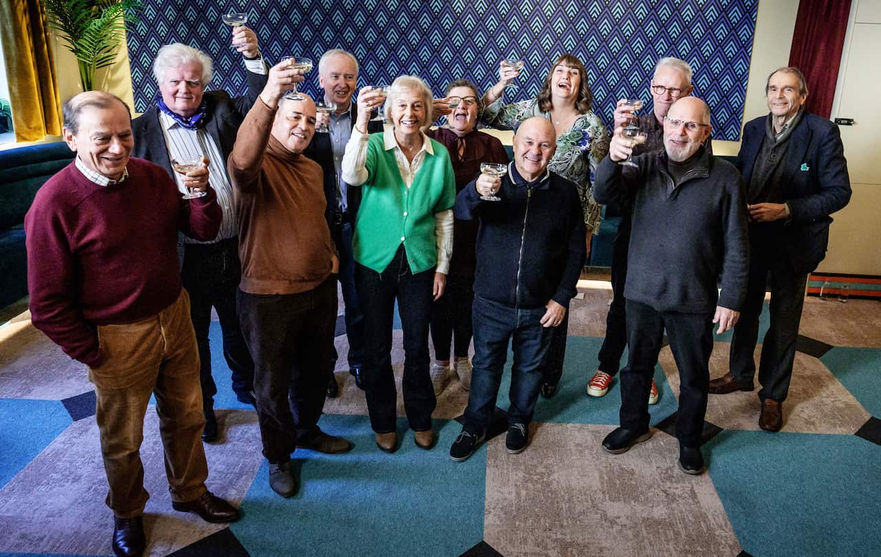The cast of '70 Up'. Pictured (L-R): John, Bruce, Symon, Andrew, Suzy, Jackie, Tony, Sue, Peter, Paul and Neil.
