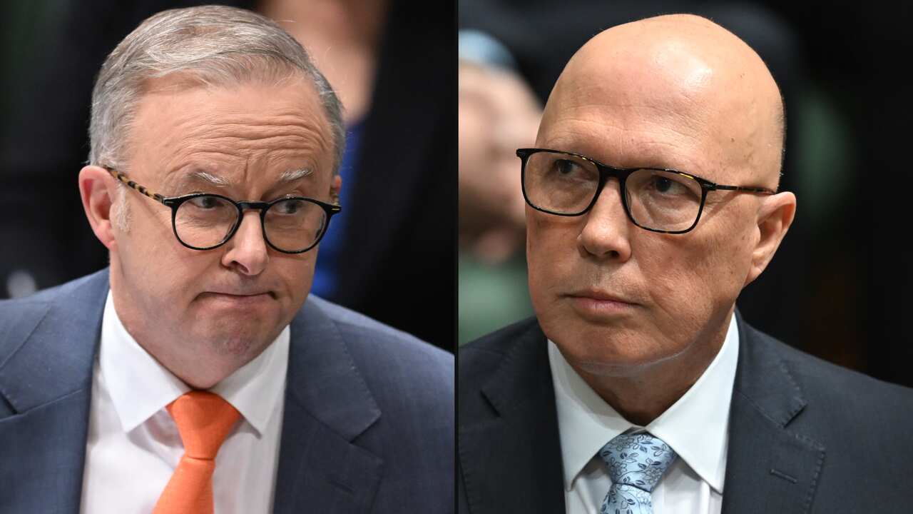 Close up of Anthony Albanese wearing a blue suit and orange tie (left) and Peter Dutton wearing a blue suit and light blue tie (right).