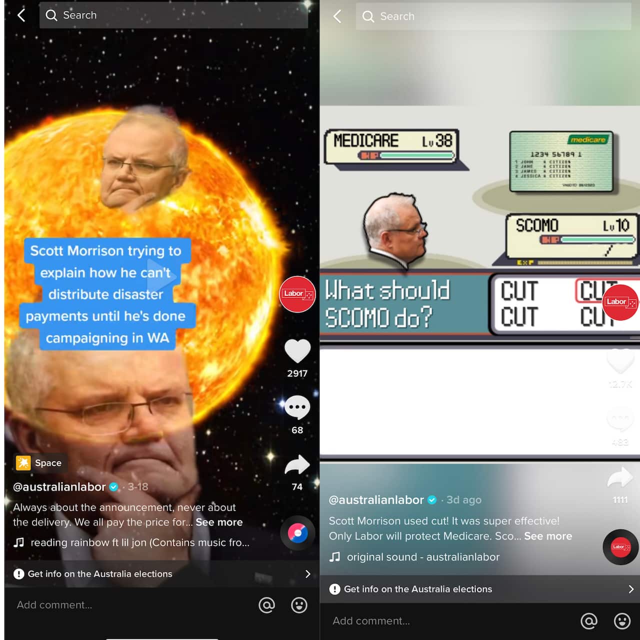 Screenshots from the Labor Party's TikTok account. Prime Minister Scott Morrison is edited to looked confused in front of a filter. Another image show Mr Morrison playing a game where all options are to "cut" Medicare.