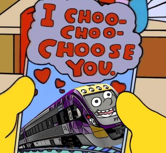 A V-line train on a valentine's day card.