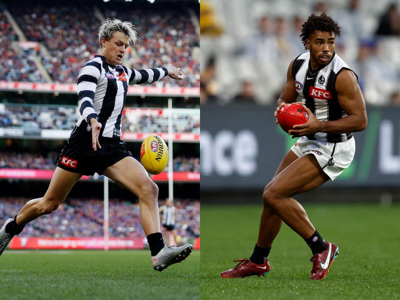 Two men in a black and white sports uniform playing with a ball. 