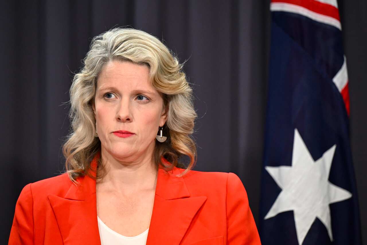 Clare O'Neil speaking at a press conference.
