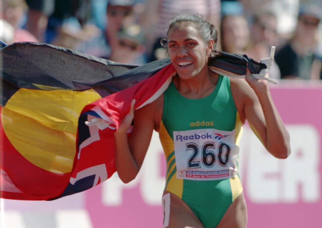 Kuku Yalanji and Birri Gubba woman Cathy Freeman carried the Aboriginal and Australian flag at the Commonwealth Games in Canada, 1994.