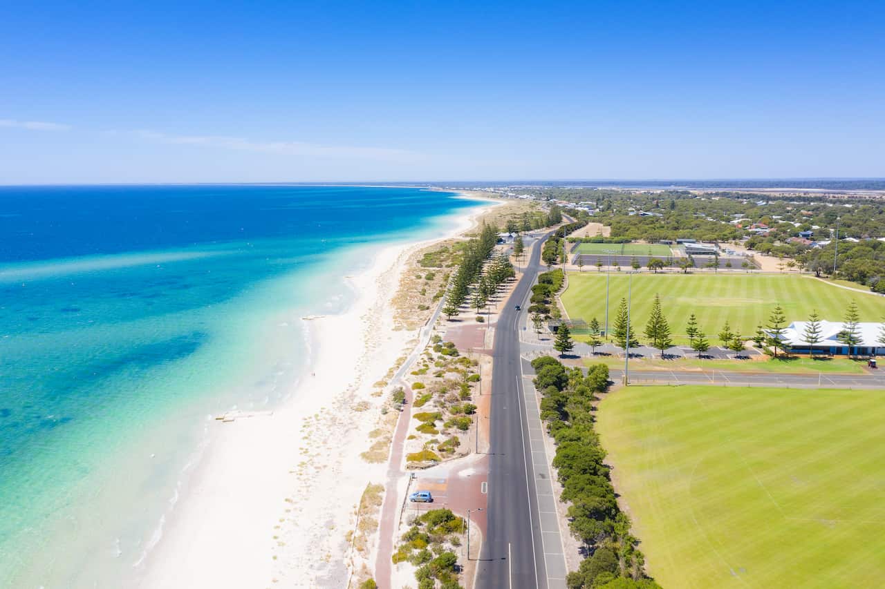 Aerial view of Automobile road along beautiful beach in Busselton at Western Australia, Australia. Summer, Travel, Vacation and holiday concept.