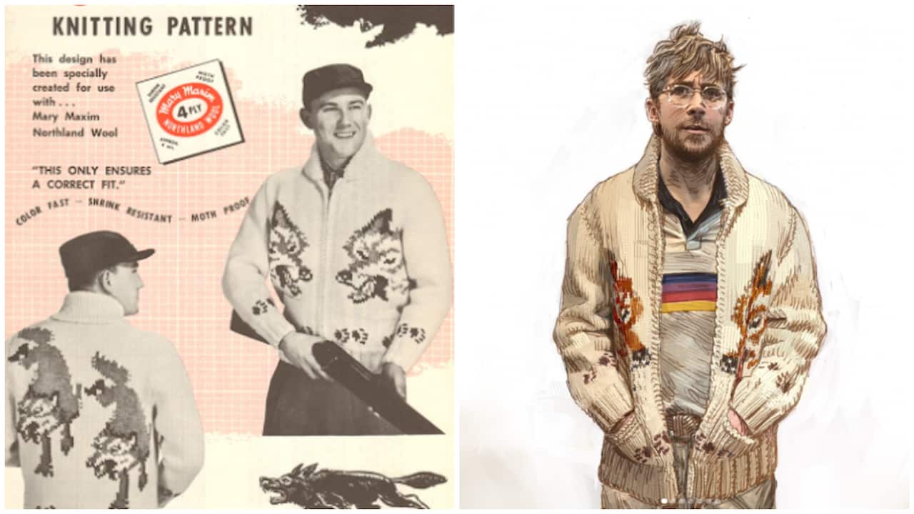 A two-way image featuring a man wearing a knitted cardigan with a fox pattern on the left, and Hollywood actor Ryan Gosling wearing a similar cardigan with a wolf pattern.