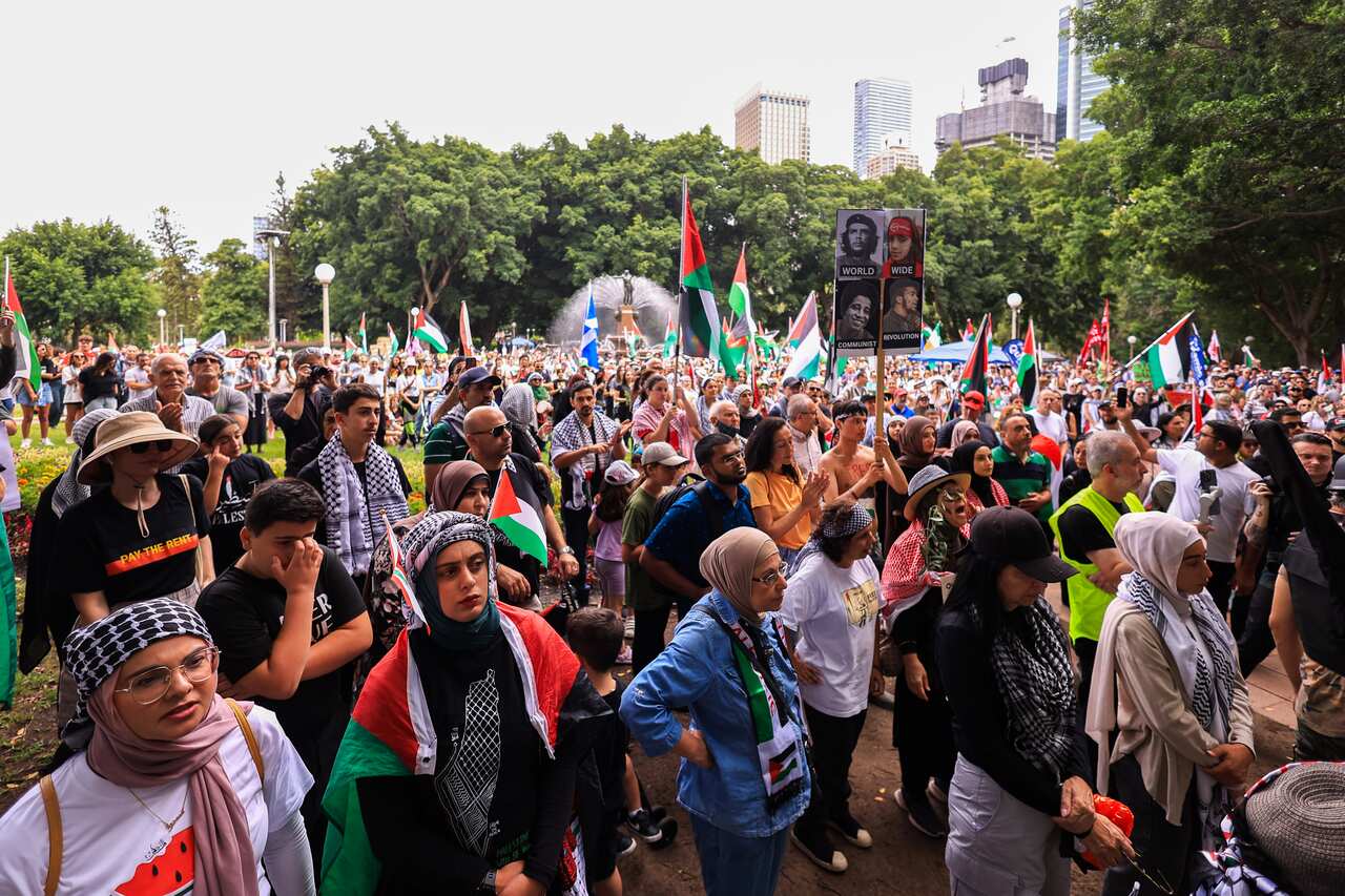 A large group of pro-Palestinian protesters.