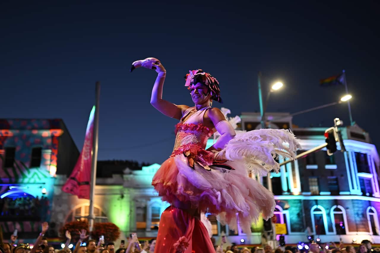 A person in a frilly pink tutu / flamingo costume.