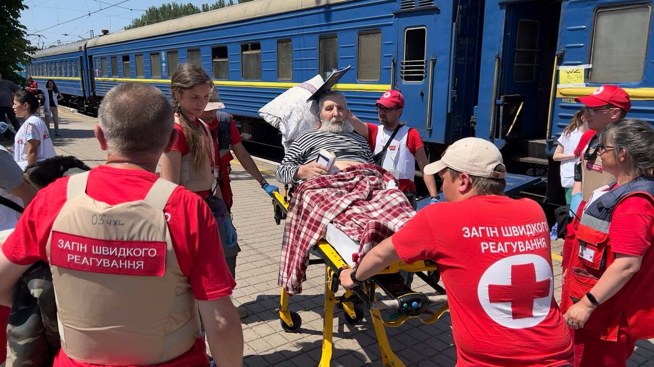 Medecins Sans Frontieres evacuates injured civilians by train from Krasnoarmeisk, in Ukraine's eastern Donetsk region