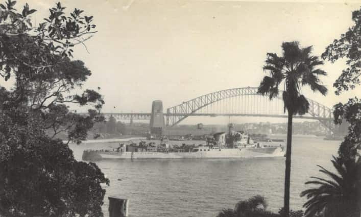  HrMs Tromp returning to Sydney to undergo repairs to extensive battle damage sustained during the Battle of the Badung Strait in 1942.jpg
