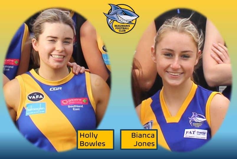 A composite image of two blonde girls in Aussie rules guernseys with a club logo at the top. 