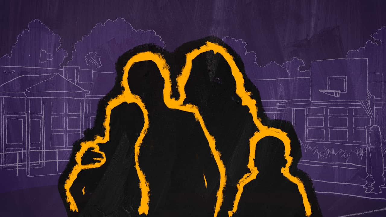 A stylised cartoon image of four silhouette outlines. Two are adults and two are children. One of the adults has their hand on the shoulder of a child. 