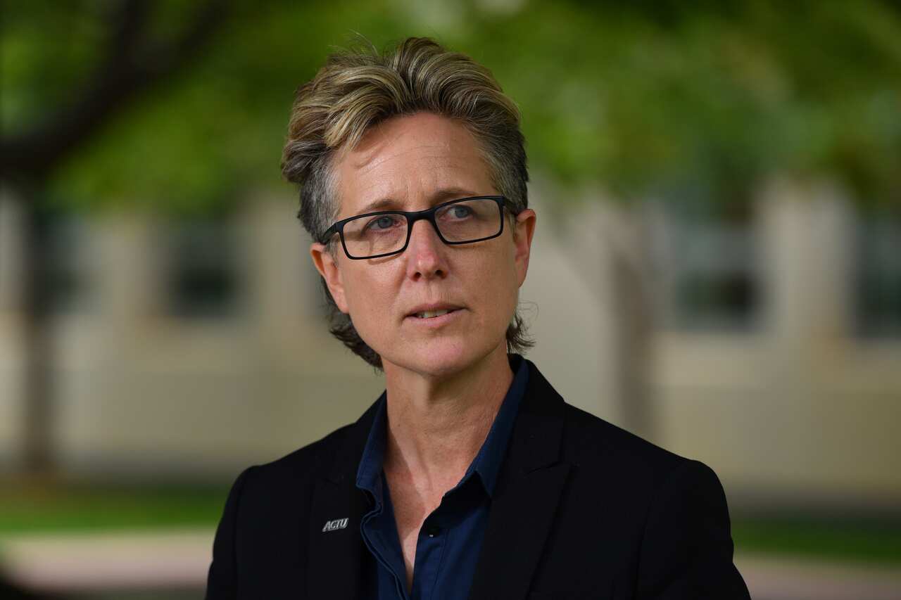 Australian Council of Trade Unions secretary Sally McManus is seen speaking.