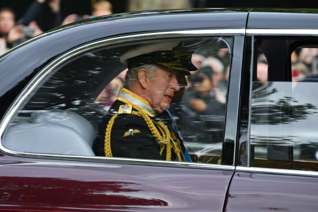 King Charles III is seen on The Mall ahead of The State Funeral of Queen Elizabeth II in London, England.