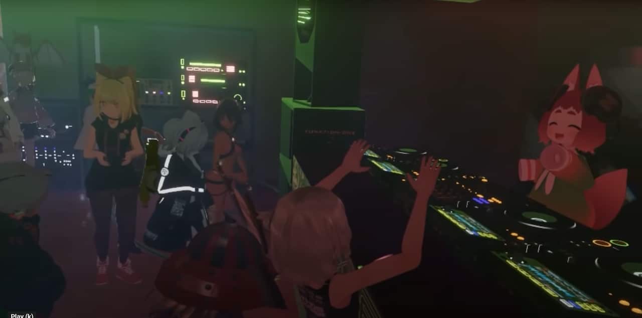 A dimly lit VR nightclub, with virtual avatars dancing in front of a DJ and their turntables 