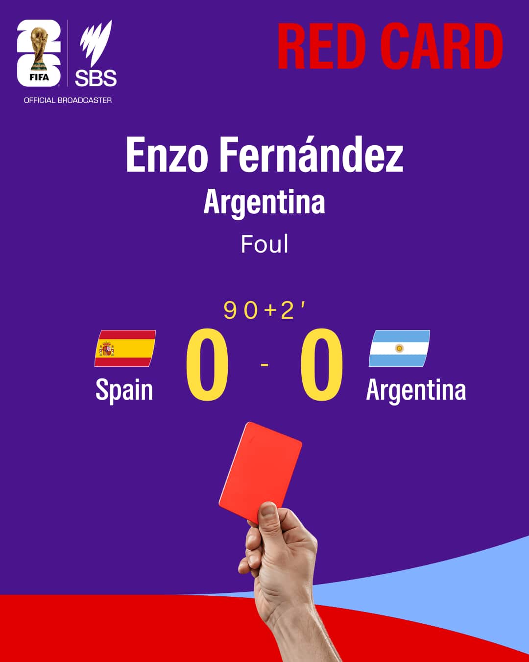 Colourful graphic showing a red card for Enzo Fernandez at the World Cup final in 2026.