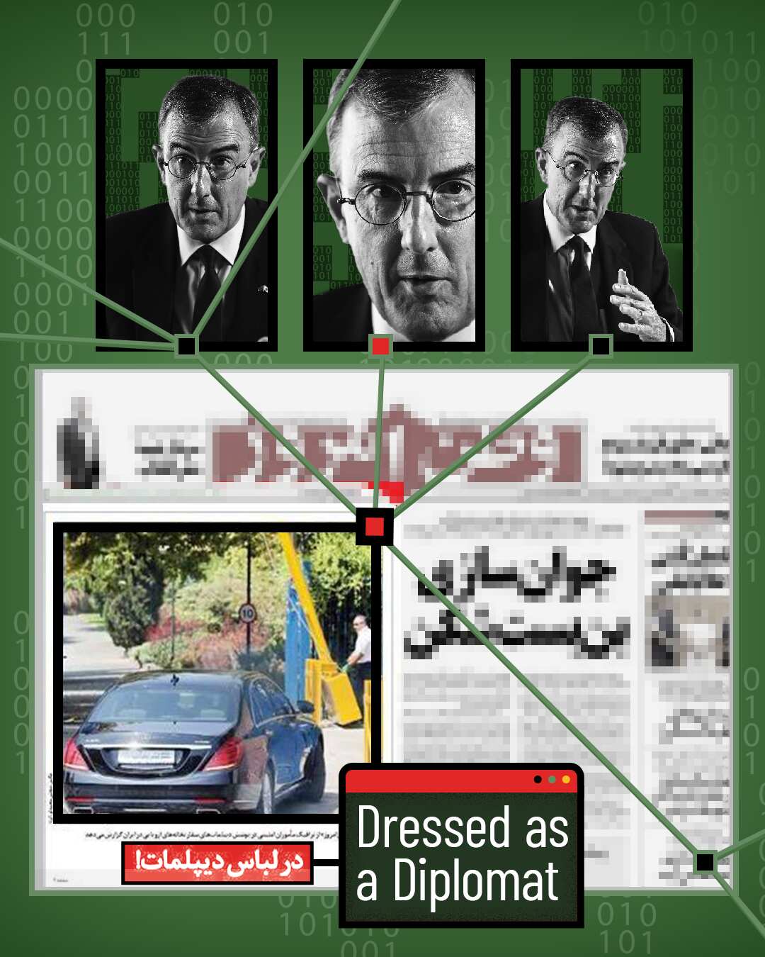 A  newspaper clipping from Iran. Three photographs of the same man wearing glasses appear above it. 