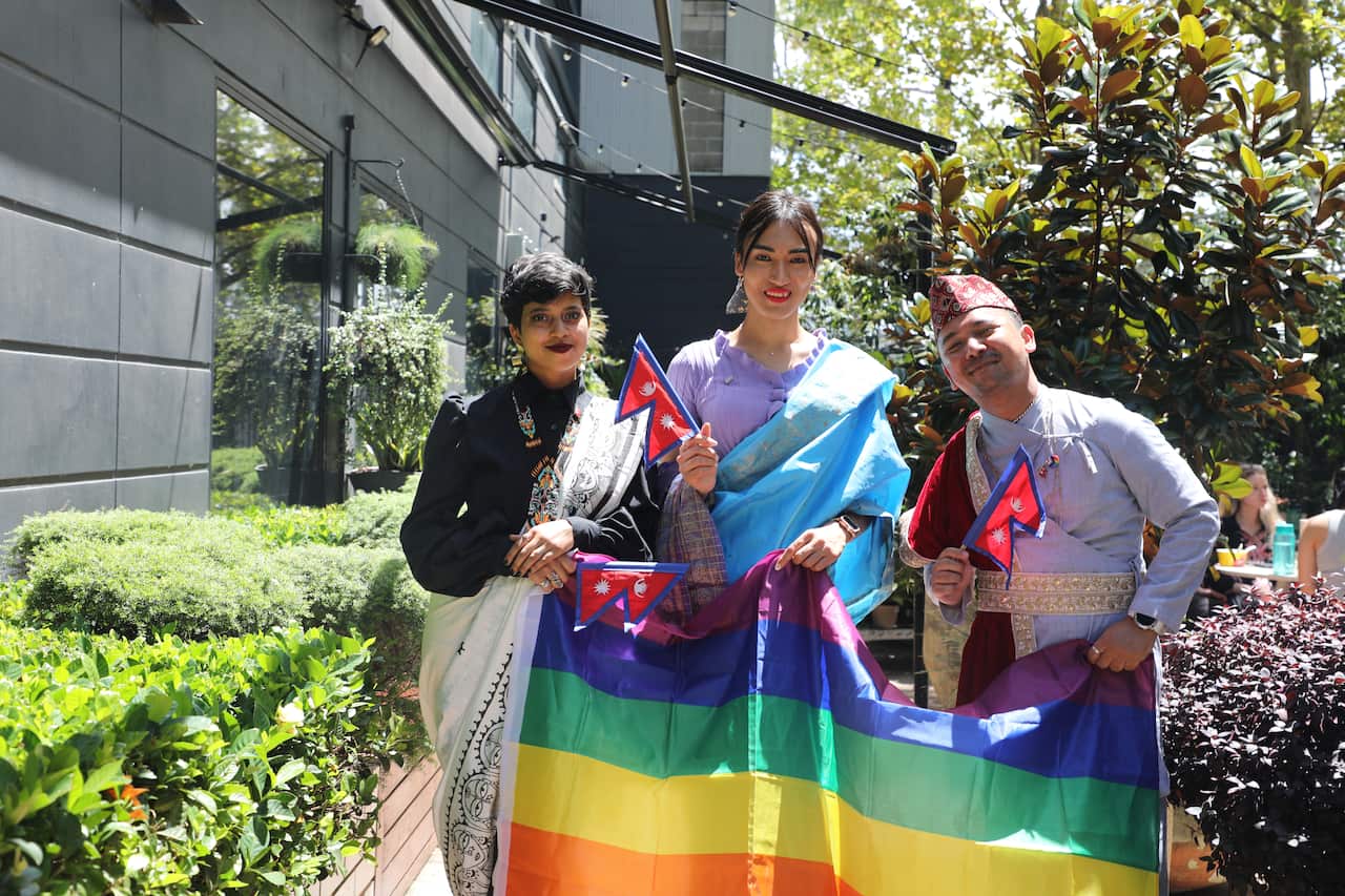 From left to right: Pem, Abhishek, and Payal from the Nepali Queer Community Sydney expressed their excitement about participating in the Mardi Gras parade, representing Nepal.