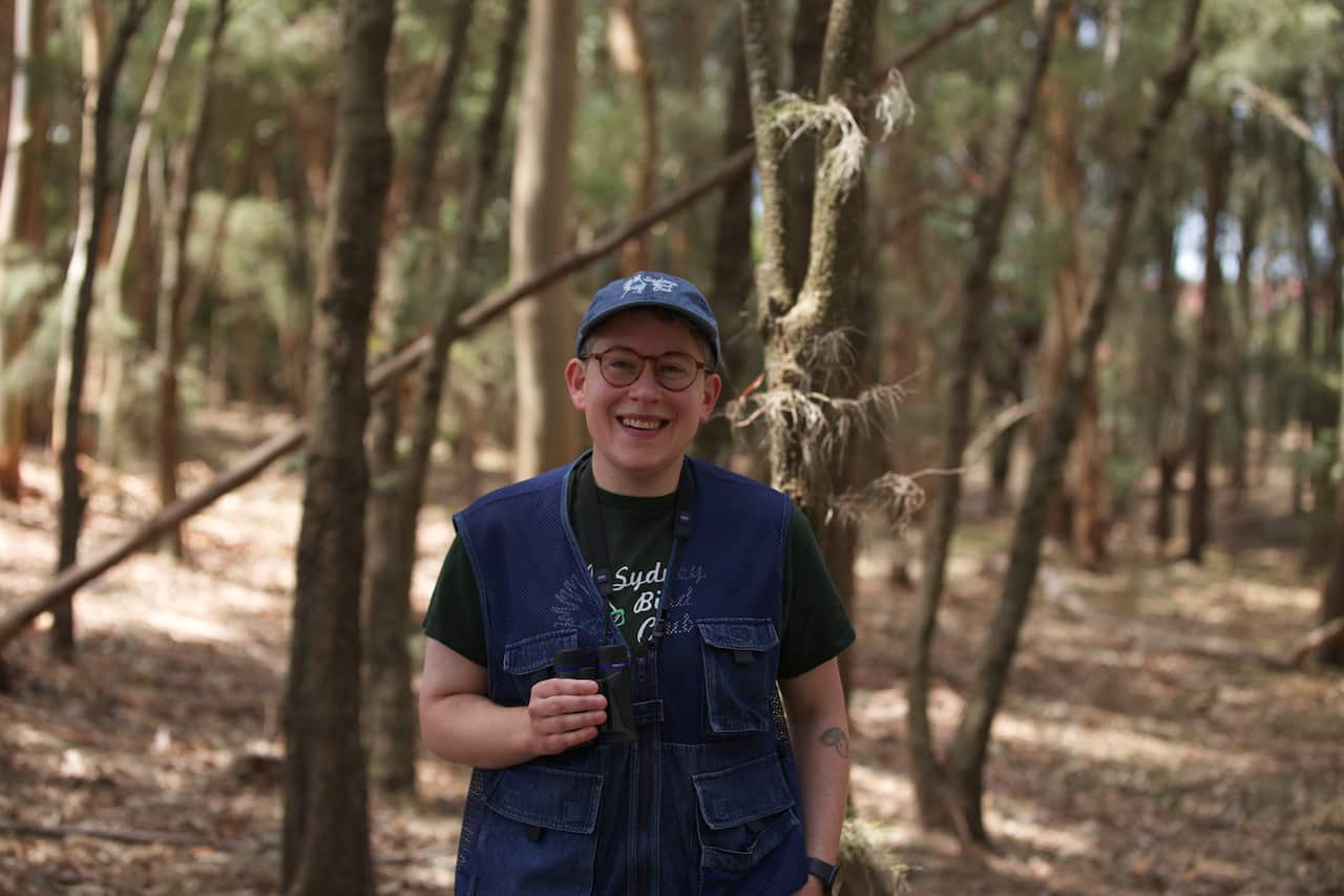 A person wearing a blue jacket and a cap holds binoculars as they stand amid trees in a forest.