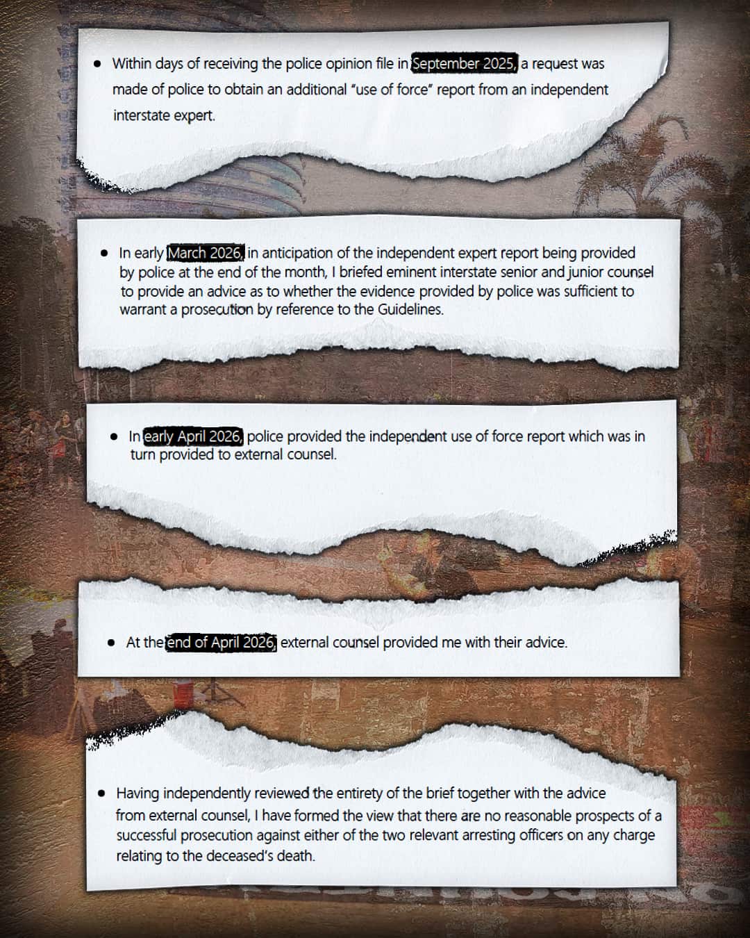 A graphic displays text excerpts from an email detailing timeline of events