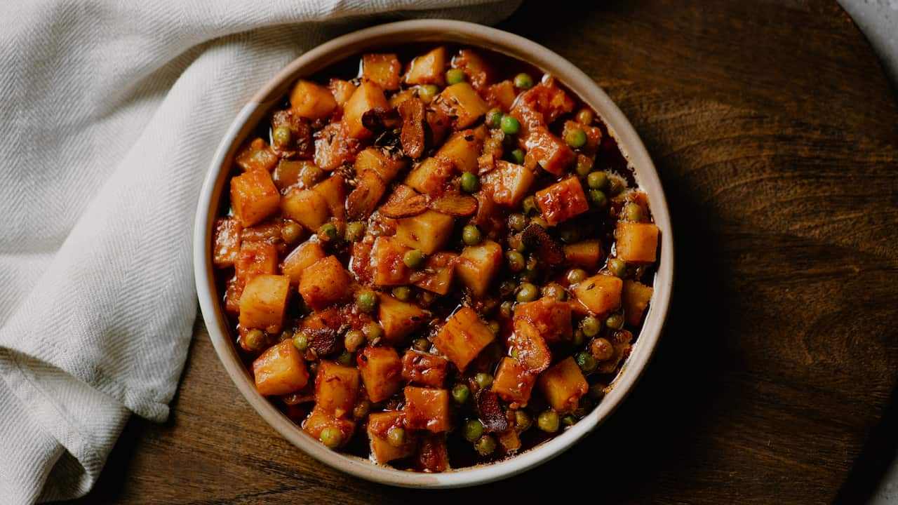 Aloo matar with brown butter tadka